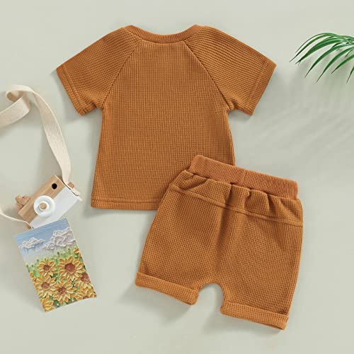 Newborn Baby Boy Girl Summer Outfits Solid Ribbed Knit Cotton Short Sleeve T-Shirt Top+Drawstring Shorts Clothes (Knit Set Caramel, 2-3 Years)