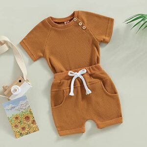 Newborn Baby Boy Girl Summer Outfits Solid Ribbed Knit Cotton Short Sleeve T-Shirt Top+Drawstring Shorts Clothes (Knit Set Caramel, 2-3 Years)