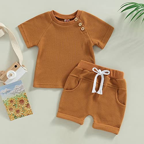 Newborn Baby Boy Girl Summer Outfits Solid Ribbed Knit Cotton Short Sleeve T-Shirt Top+Drawstring Shorts Clothes (Knit Set Caramel, 2-3 Years)