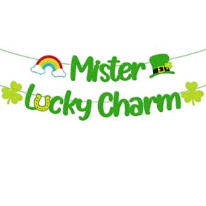 mister lucky charm banner st. patrick day decoration for boys glitter green three leaf clover shamrock garland for irish day party decor lucky themed men boys birthday baby shower party anniversary celebration supplies