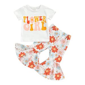 toddler baby girl outfit letter rainbow short sleeve t-shirt tops flower flared pants bell bottoms 2pcs clothes set 1-6y (orange c, 3-4 years)