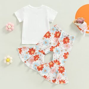 Toddler Baby Girl Outfit Letter Rainbow Short Sleeve T-Shirt Tops Flower Flared Pants Bell Bottoms 2Pcs Clothes Set 1-6Y (Orange C, 3-4 Years)