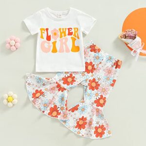 Toddler Baby Girl Outfit Letter Rainbow Short Sleeve T-Shirt Tops Flower Flared Pants Bell Bottoms 2Pcs Clothes Set 1-6Y (Orange C, 3-4 Years)