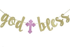 god bless banner, baptism garland sign gold glitter for first communion christening party decorations photo props
