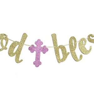God Bless Banner, Baptism Garland Sign Gold Glitter for First Communion Christening Party Decorations Photo Props
