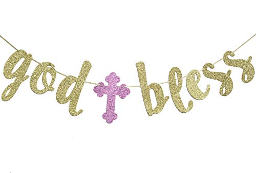 God Bless Banner, Baptism Garland Sign Gold Glitter for First Communion Christening Party Decorations Photo Props