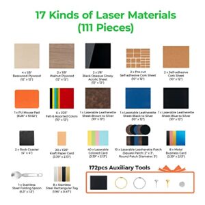 Laser Material Explore Kit, 111-Piece Laser Material Box, 8 Kinds of Laser Materials for Laser Engravers & Laser Cutters, Contains Plywood, Acrylic, Leather for Laser Crafting, Personalize Gifts