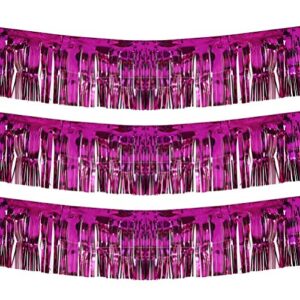 blukey 10 feet by 15 inch fuchsia foil fringe garland – pack of 3 | shiny metallic tinsel banner | ideal for parade floats, bridal shower, wedding, birthday, christmas | wall hanging drapes