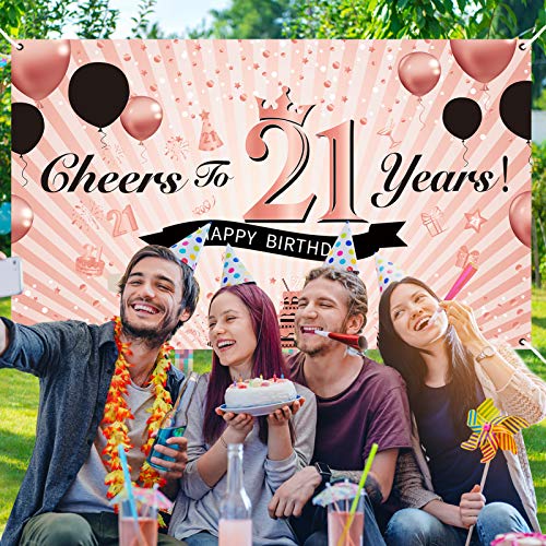 Luxiocio 21st Birthday Decorations for Women - Cheers to 21 Years Banner Backdrop - 21 Years Old Birthday Poster Background Party Supplies for Her(6 x 3.6ft, Rose Gold)