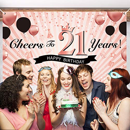 Luxiocio 21st Birthday Decorations for Women - Cheers to 21 Years Banner Backdrop - 21 Years Old Birthday Poster Background Party Supplies for Her(6 x 3.6ft, Rose Gold)