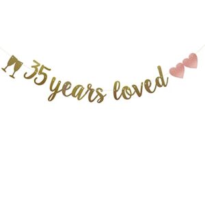 35 years loved banner, pre-strung, gold glitter paper garlands for 35th birthday/wedding anniversary party decorations supplies, no assembly required,(gold) sunbetterland