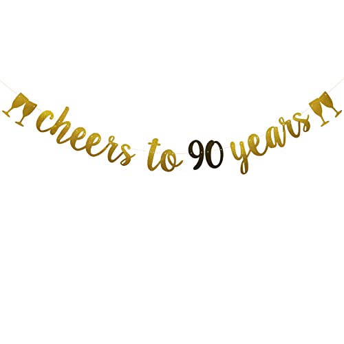 Cheers to 90 Years Banner,Pre-Strung,Gold and Black Glitter Paper Party Decorations for 90th Wedding Anniversary 90 Years Old 90TH Birthday Party Supplies Letters Black and Gold Betteryanzi