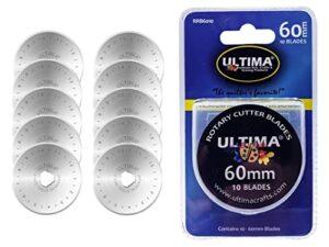 ultima 60mm rotary cutter blades – 10 blades per pack – fits most rotary cutters including fiskars, olfa, martelli and truecut – cuts quilting fabric, leather, and more