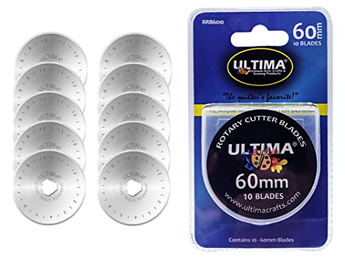 Ultima 60mm Rotary Cutter Blades – 10 Blades Per Pack – Fits Most Rotary Cutters Including Fiskars, Olfa, Martelli and TrueCut – Cuts Quilting Fabric, Leather, and More