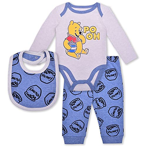 Disney Baby Boy Winnie the Pooh Long Sleeve Grey Bodysuit, Blue Bib and Baby Pants Set