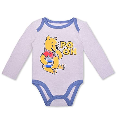 Disney Baby Boy Winnie the Pooh Long Sleeve Grey Bodysuit, Blue Bib and Baby Pants Set