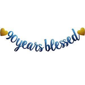 90 years blessed banner, blue glitter paper garlands for 90th birthday / wedding anniversary party decorations supplies, pre-strung, no assembly required,(blue)sunbetterland