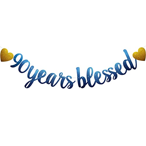 90 Years Blessed Banner, Blue Glitter Paper Garlands for 90th Birthday / Wedding Anniversary Party Decorations Supplies, Pre-Strung, No Assembly Required,(Blue)SUNbetterland