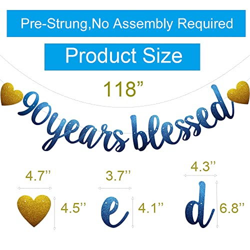 90 Years Blessed Banner, Blue Glitter Paper Garlands for 90th Birthday / Wedding Anniversary Party Decorations Supplies, Pre-Strung, No Assembly Required,(Blue)SUNbetterland