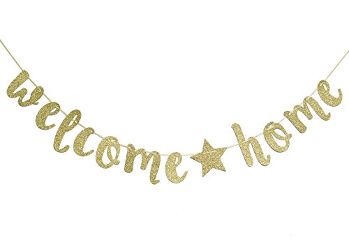 Qttier Welcome Home Gold Glitter Banner for Housewarming Patriotic Military Decoration Family Party Supplies Cursive Bunting Photo Booth Props Assembled Sign ( Gold )