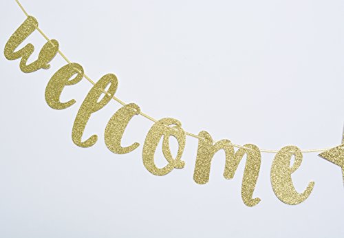 Qttier Welcome Home Gold Glitter Banner for Housewarming Patriotic Military Decoration Family Party Supplies Cursive Bunting Photo Booth Props Assembled Sign ( Gold )