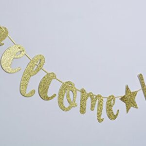 Qttier Welcome Home Gold Glitter Banner for Housewarming Patriotic Military Decoration Family Party Supplies Cursive Bunting Photo Booth Props Assembled Sign ( Gold )