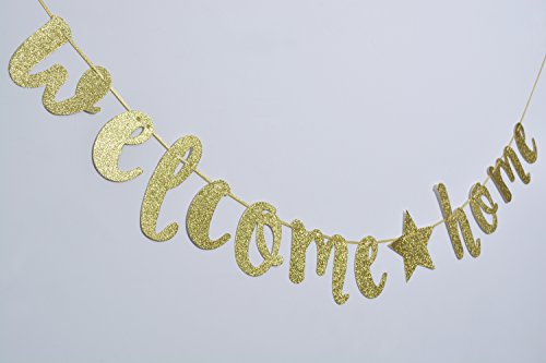 Qttier Welcome Home Gold Glitter Banner for Housewarming Patriotic Military Decoration Family Party Supplies Cursive Bunting Photo Booth Props Assembled Sign ( Gold )