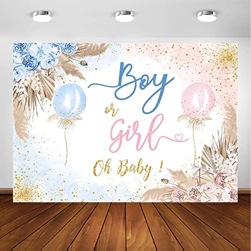 Avezano Boy or Girl Gender Reveal Backdrop Pink or Blue Balloons Gender Reveal Party Decorations Boho Pampas Grass Oh Baby Sign Photoshoot Background Banner (7x5ft)