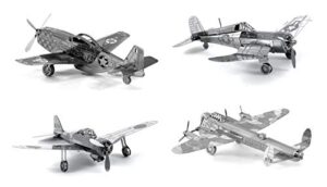 set of 4 metal earth 3d laser cut plane models: avro lancaster bomber, mitsubishi zero, f4u corsair, p-51 mustang