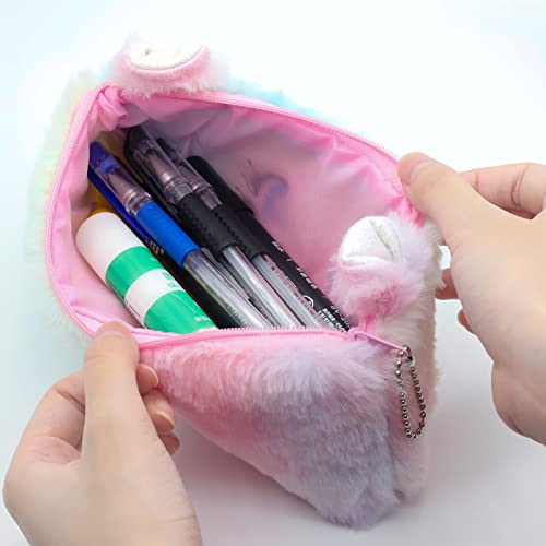 Plush Cat Pencil Case Cute Gradient Colorful Pen Bag Soft Makeup Pouch Coin Purse Storage Stuffed Animal Bag for Women Girls Daughter School Office