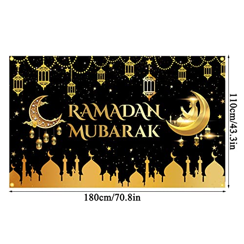 JKQ Ramadan Mubarak Backdrop Banner 71 x 43 Inch Muslim Ramadan Background Banner Lantern Moon Castle Islamic Eid Mubarak Festival Party Decorations Ramadan Kareem Indoor Outdoor Photo Booth Props