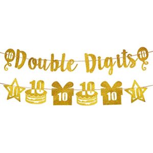 excelloon double digits 10th birthday party decorations – double digits banner with cake gift star decorations – gold glitter happy 10 year old birthday banner decorations supplies for boys & girls