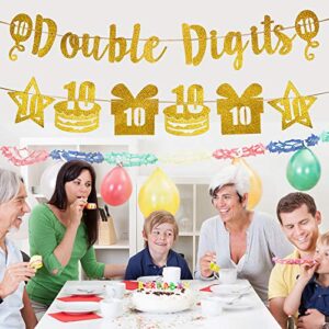 Excelloon Double Digits 10th Birthday Party Decorations - Double Digits Banner with Cake Gift Star Decorations - Gold Glitter Happy 10 Year Old Birthday Banner Decorations Supplies for Boys & Girls