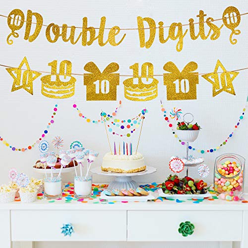 Excelloon Double Digits 10th Birthday Party Decorations - Double Digits Banner with Cake Gift Star Decorations - Gold Glitter Happy 10 Year Old Birthday Banner Decorations Supplies for Boys & Girls