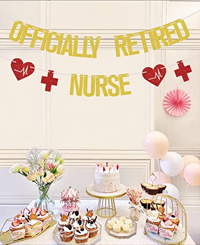 Officially Retired Nurse Banner Gold Red Glitter, Retirement Party Decorations, Nurse Party Decorations, Nurse Decorations for Party, Happy Retirement Banner, Nurse Retirement Party Decorations