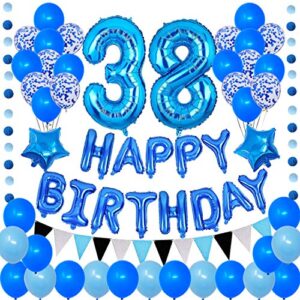 succris 38th blue theme for 38 years old birthday party supplies blue happy birthday banner blue circle dots garland paper hanging triangle flag banner confetti balloons number 38 blue
