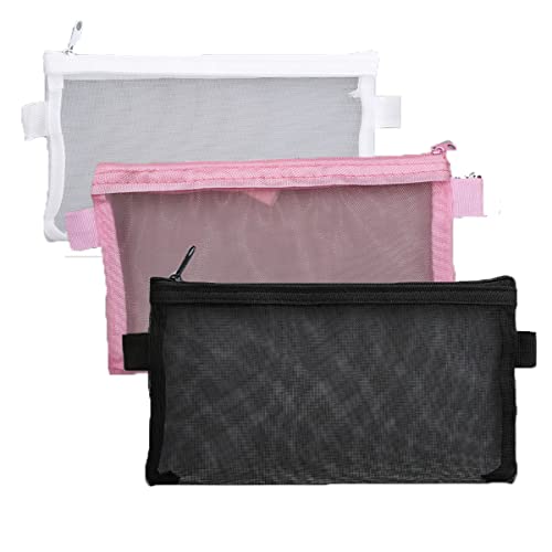 LOPURO Mesh Pencil Pouch, 4Pcs Clear Exam Pencil Case Portable Transparent Big Capacity Pencil Bag with Zipper Makeup Pouch for Office Stationery and Travel Storage (white grey pink)