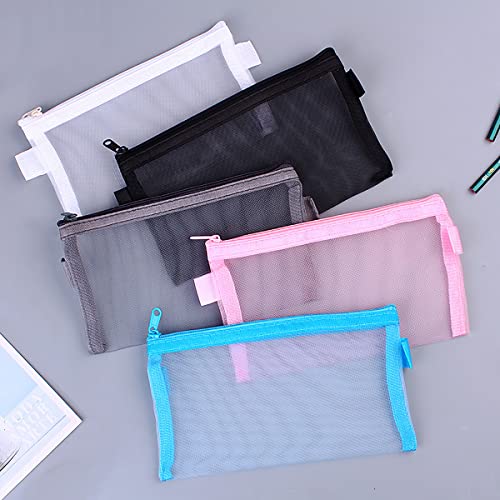 LOPURO Mesh Pencil Pouch, 4Pcs Clear Exam Pencil Case Portable Transparent Big Capacity Pencil Bag with Zipper Makeup Pouch for Office Stationery and Travel Storage (white grey pink)