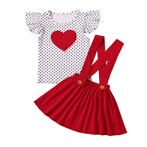 Newborn Baby Girls Valentine's Day Outfit Toddler Long Sleeve Heart Print Shirt Top Suspender Dress Skirt Set Infant Clothes (Dot-Red , 3-4T )