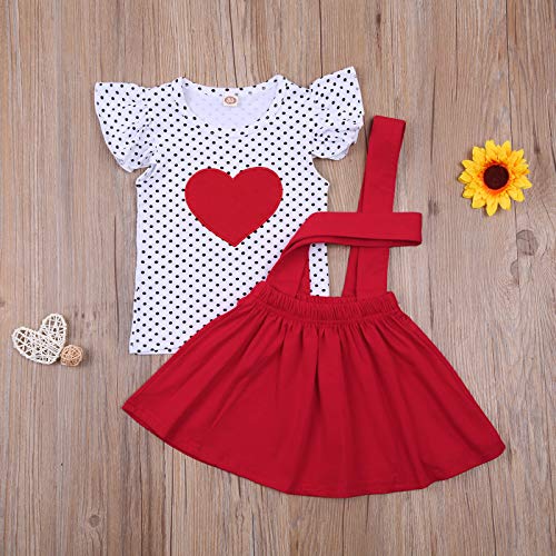 Newborn Baby Girls Valentine's Day Outfit Toddler Long Sleeve Heart Print Shirt Top Suspender Dress Skirt Set Infant Clothes (Dot-Red , 3-4T )