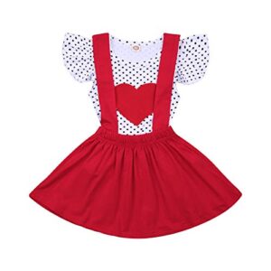 Newborn Baby Girls Valentine's Day Outfit Toddler Long Sleeve Heart Print Shirt Top Suspender Dress Skirt Set Infant Clothes (Dot-Red , 3-4T )