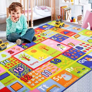 arogan kids carpet playmat rug with numbers, shapes, animals pattern, children learn and educational rugs, non slip play rug for nursery bedroom play room, 4×6 feet