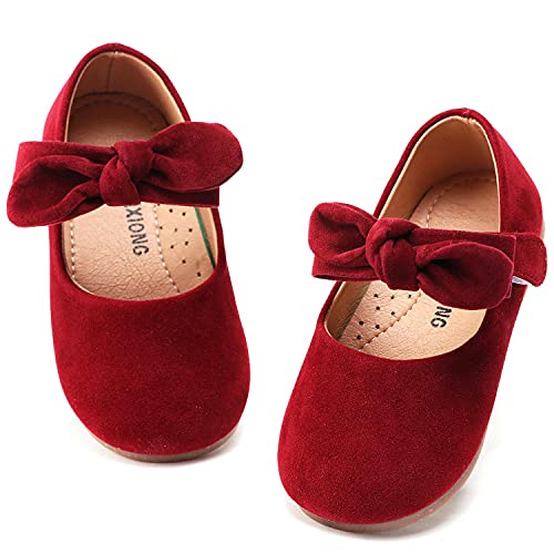 Aellons Baby Girl Bowknot Shoes Mary Jane Walkers Non-Slip Princess Wedding Dress Flats Burgundy, 4 Toddler