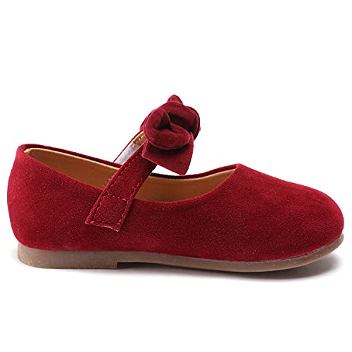 Aellons Baby Girl Bowknot Shoes Mary Jane Walkers Non-Slip Princess Wedding Dress Flats Burgundy, 4 Toddler