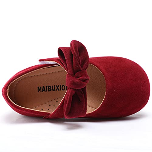 Aellons Baby Girl Bowknot Shoes Mary Jane Walkers Non-Slip Princess Wedding Dress Flats Burgundy, 4 Toddler