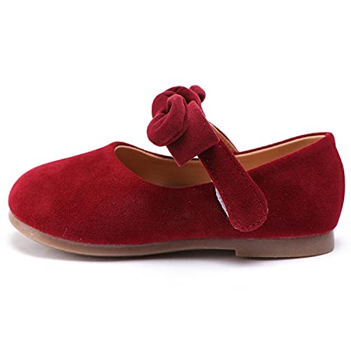 Aellons Baby Girl Bowknot Shoes Mary Jane Walkers Non-Slip Princess Wedding Dress Flats Burgundy, 4 Toddler