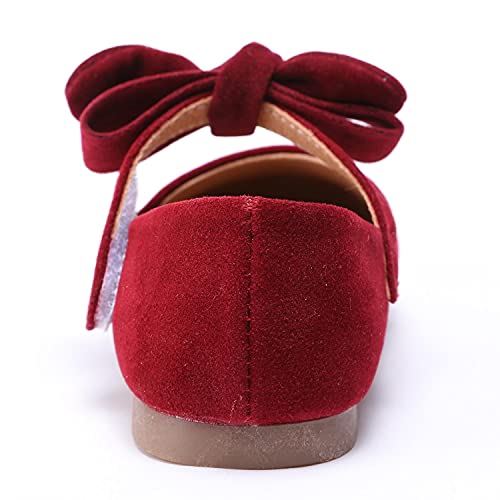 Aellons Baby Girl Bowknot Shoes Mary Jane Walkers Non-Slip Princess Wedding Dress Flats Burgundy, 4 Toddler