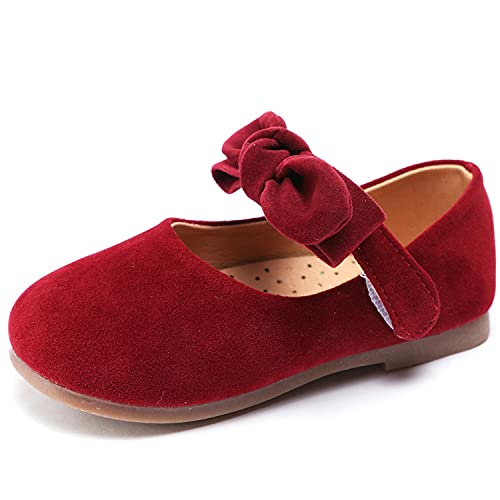 Aellons Baby Girl Bowknot Shoes Mary Jane Walkers Non-Slip Princess Wedding Dress Flats Burgundy, 4 Toddler