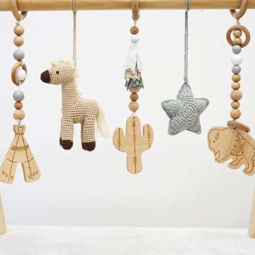 Wooden Baby Play Gym Activity Center Natural Color Handmade Infant Gym with Crochet Toys Foldable Infant Play Gym Wild West Theme Newborn Teething Toys Toddler Activity Center