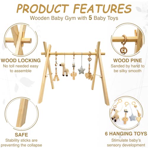 Wooden Baby Play Gym Activity Center Natural Color Handmade Infant Gym with Crochet Toys Foldable Infant Play Gym Wild West Theme Newborn Teething Toys Toddler Activity Center